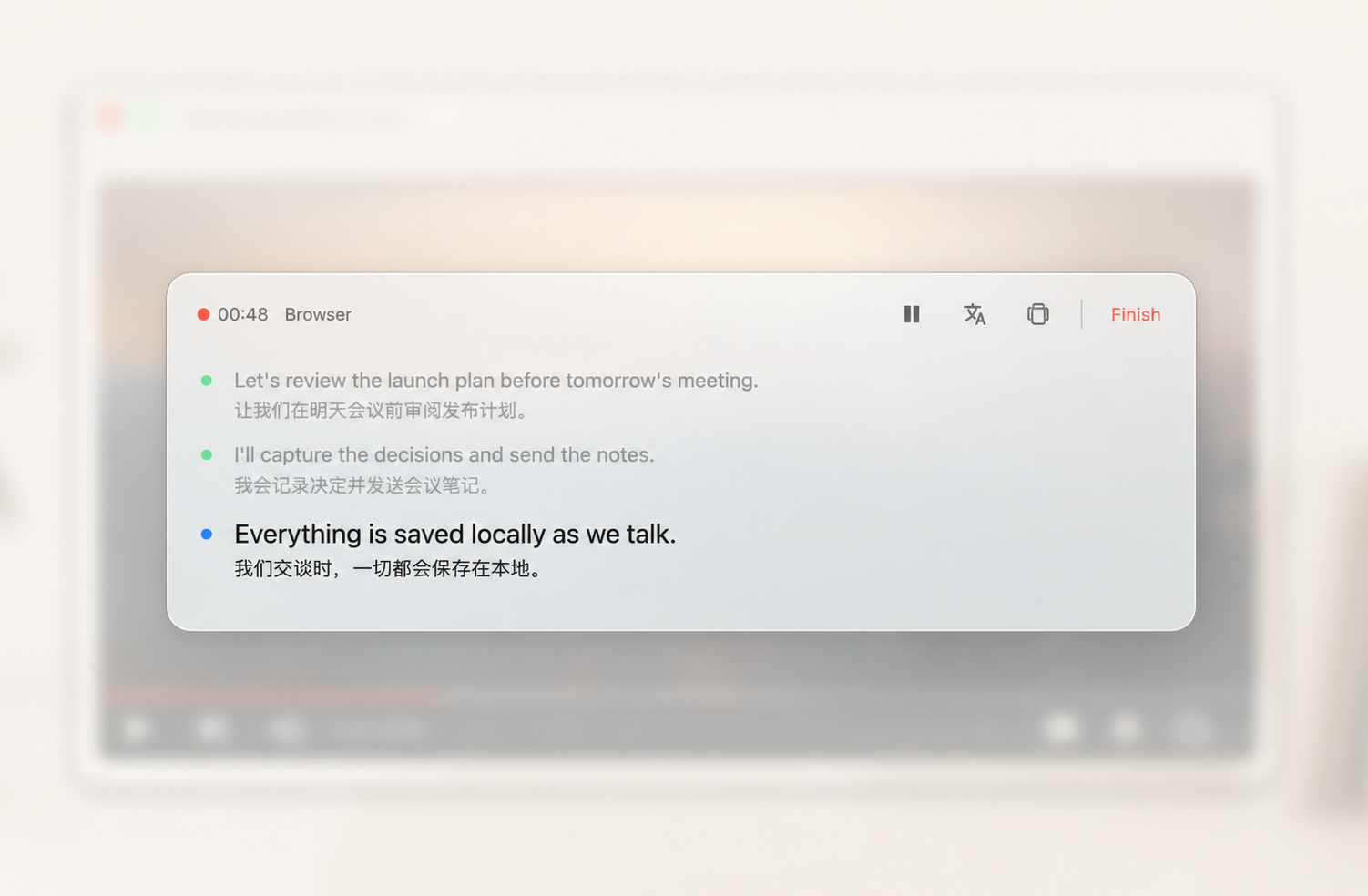 CaptionBar's floating subtitle overlay showing live captions and a translation line beneath the current sentence