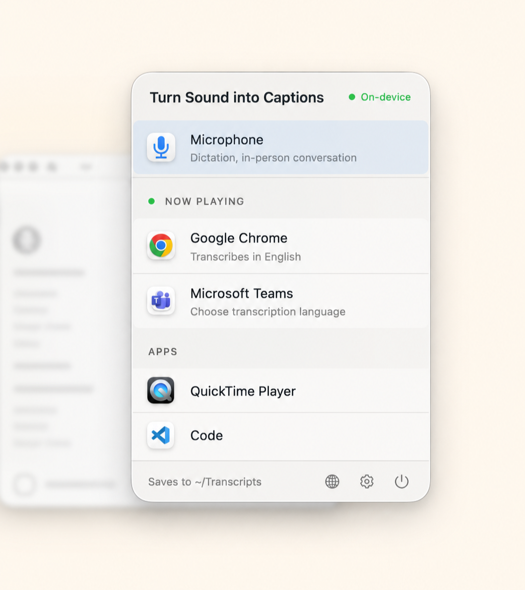 CaptionBar's source picker popover listing the microphone and running apps to caption